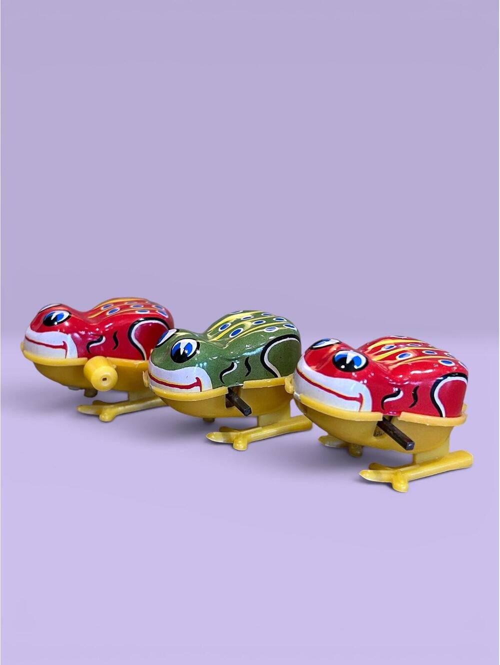 Vintage Tin Litho and Plastic Wind-up Jumping Frogs Set of 3